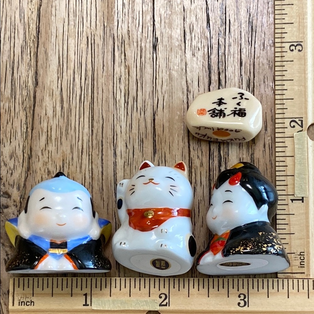 Japanese Miniature Ceramic Good Luck Figurines-Fukusuke, Maneki Neko, Otafuku - Picture 15 of 15